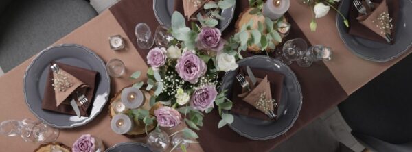Tablescape Design Basics consider your table size and shape. Sample of a table setting for a long table that includes lavender roses and eucalyptus.