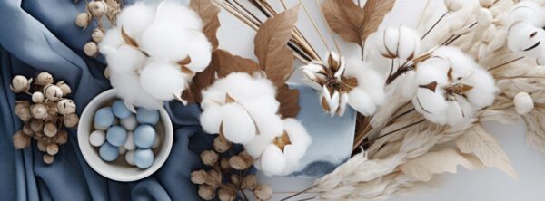 Tablescape Design Basics - Bring the Outdoors In. Example image of using natural elements for your table design and decorating. Dried botanicals, cotton buds, and tiny eggs.